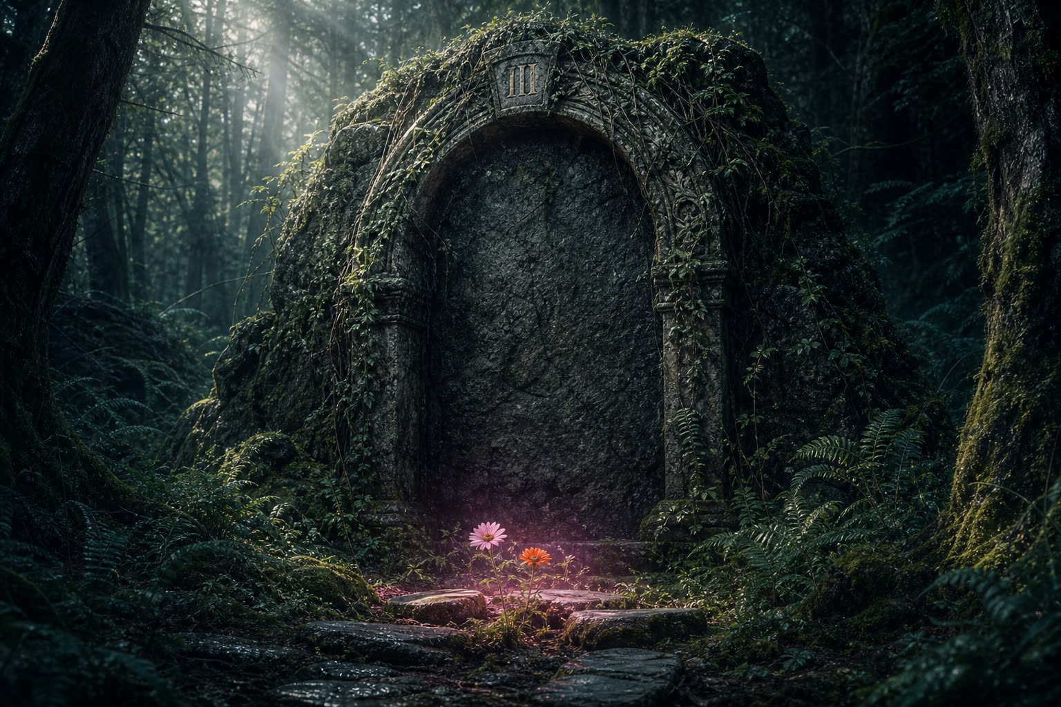 Versiegeltes Portal III: Zwischen den Steinen blühen zwei bunte Blumen