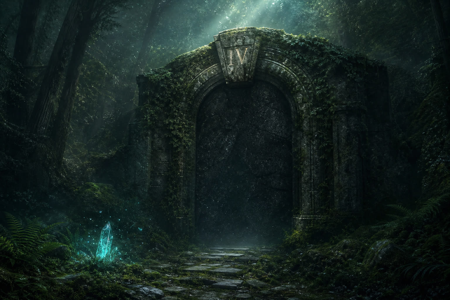 Versiegeltes Portal IV: Ein türkis glimmender Kristall ragt aus dem Boden