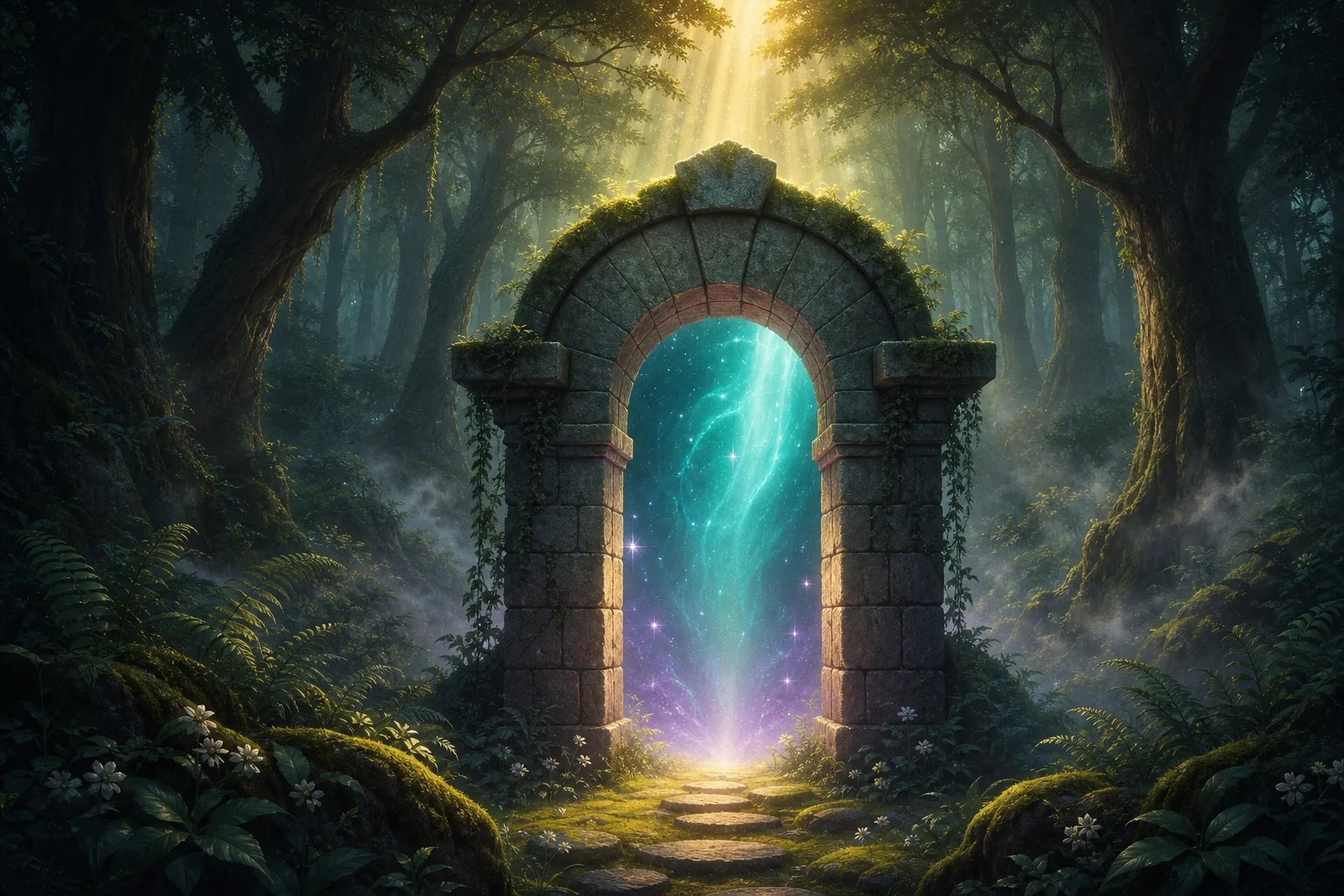 Mystisches Steinportal im dunklen Wald, im Bogen ein leuchtendes Zeitportal